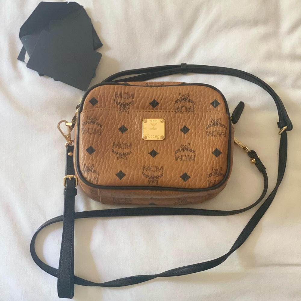 MCM Crossbody Camera Bag In Visetos Cognac Color